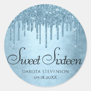 Dripping Ice Glitter   Blue Faux Sparkle Sweet 16 Classic Round Sticker
