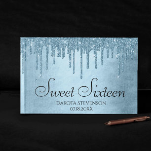 Dripping Ice Glitter   Blue Faux Sparkle Sweet 16 Guest Book