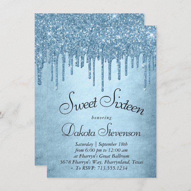 Dripping Ice Glitter | Blue Faux Sparkle Sweet 16 Invitation (Front/Back)
