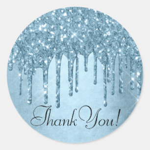 Dripping Ice Glitter   Blue Faux Sparkle Thank You Classic Round Sticker