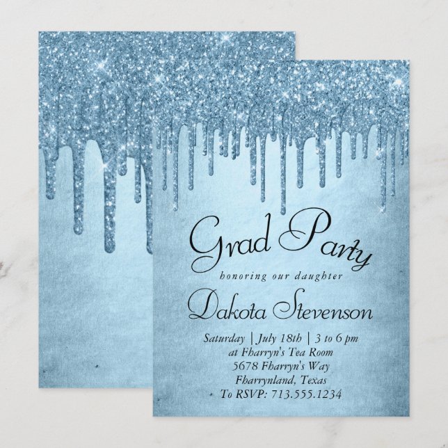 Dripping Ice Glitter | Blue Sparkle Graduation Invitation (Front/Back)