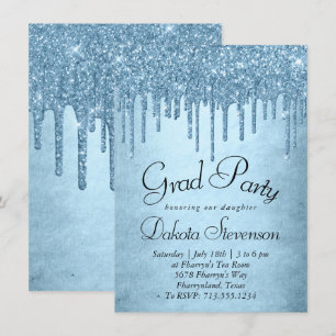 Dripping Ice Glitter   Blue Sparkle Graduation Invitation