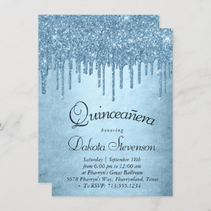 Dripping Ice Glitter   Blue Sparkle Quinceanera Invitation