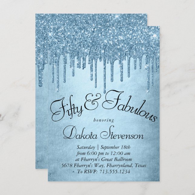 Dripping Ice Glitter | Glitzy Blue 50 and Fabulous Invitation (Front/Back)
