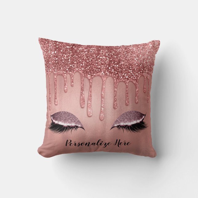 Dripping in Rose Gold Glitter Pink Drips Lashes Throw Pillow (Front)