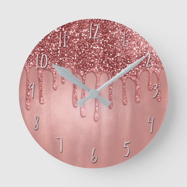 Dripping in Rose Gold Glitter Pretty Pink Drips Round Clock (Front)