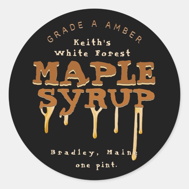 Dripping Maple Syrup Camp Font on Black Classic Round Sticker (Front)