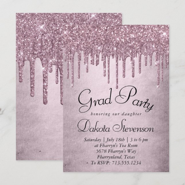 Dripping Mauve Glitter | Dusty Pink Graduation Invitation (Front/Back)