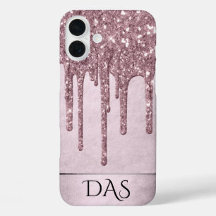 Dripping Mauve Glitter   Dusty Pink Melt Monogram iPhone 16 Plus Case