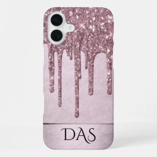 Dripping Mauve Glitter   Dusty Pink Melt Monogram iPhone 16 Plus Case