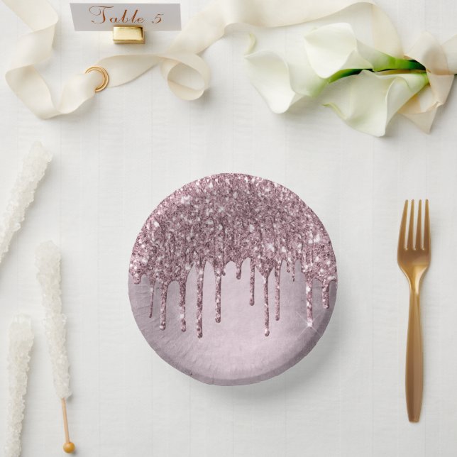 Dripping Mauve Glitter | Dusty Pink Melt Shimmer Paper Plate (Wedding)