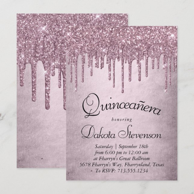 Dripping Mauve Glitter | Dusty Pink Quinceanera Invitation (Front/Back)