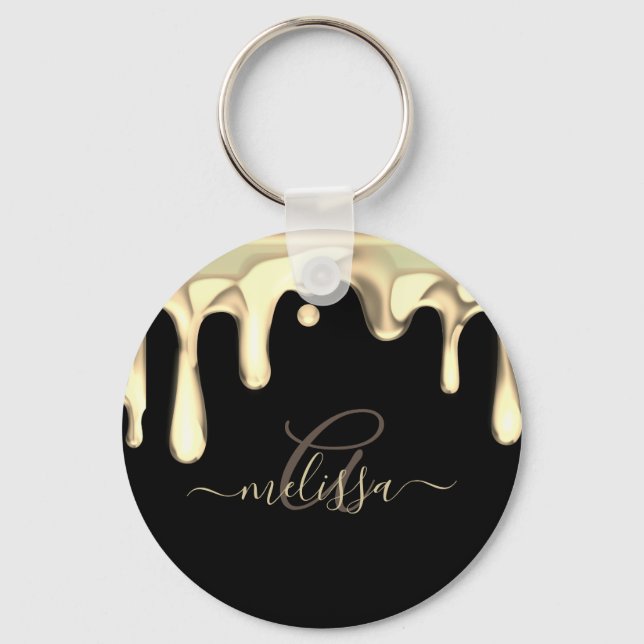 Dripping Metal Gold Monogram Black Elegant Keychain (Front)