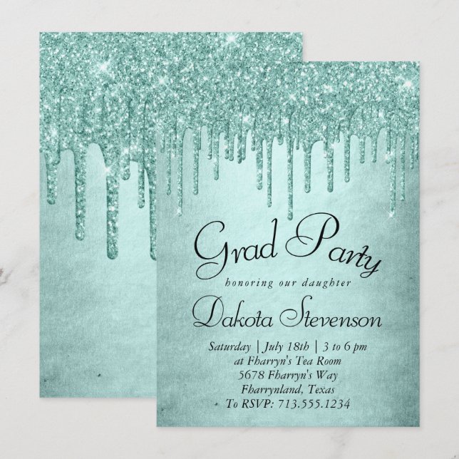 Dripping Mint Glitter | Aqua Teal Icing Graduation Invitation (Front/Back)