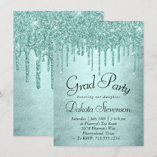 Dripping Mint Glitter   Aqua Teal Icing Graduation Invitation