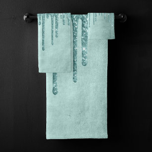Dripping Mint Glitter   Aqua Teal Melting Pour Bath Towel Set