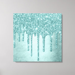 Dripping Mint Glitter   Aqua Teal Melting Pour Canvas Print