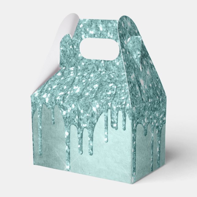 Dripping Mint Glitter | Aqua Teal Melting Pour Favor Box (Front Side)