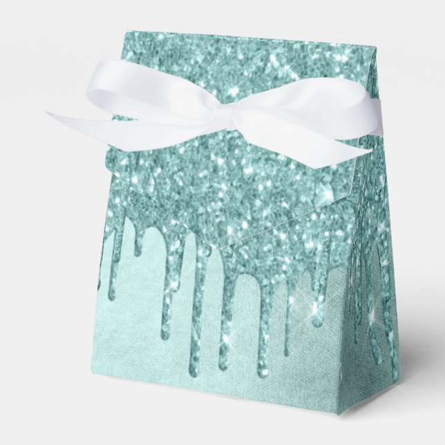 Dripping Mint Glitter | Aqua Teal Melting Pour Favor Box (Front Side)