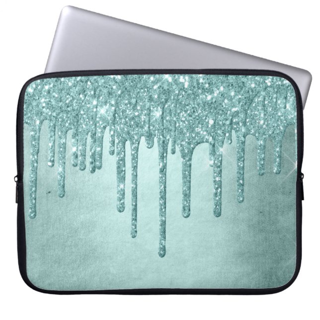 Dripping Mint Glitter | Aqua Teal Melting Pour Laptop Sleeve (Front)