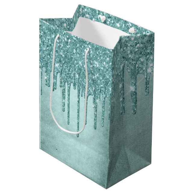 Dripping Mint Glitter | Aqua Teal Melting Pour Medium Gift Bag (Front Angled)