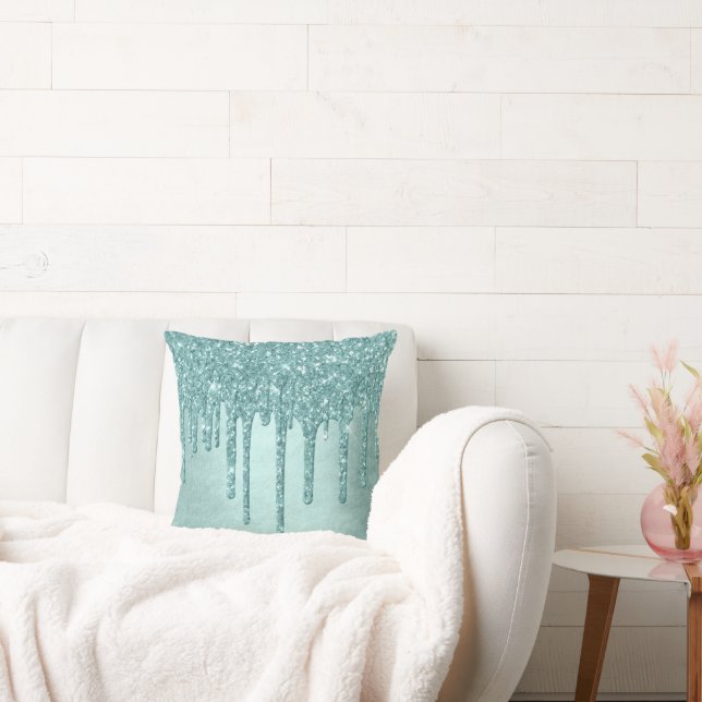 Dripping Mint Glitter | Aqua Teal Melting Pour Throw Pillow (Couch)