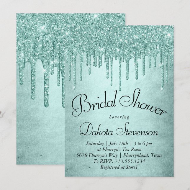 Dripping Mint Glitter | Aqua Teal Melting Shower Invitation (Front/Back)