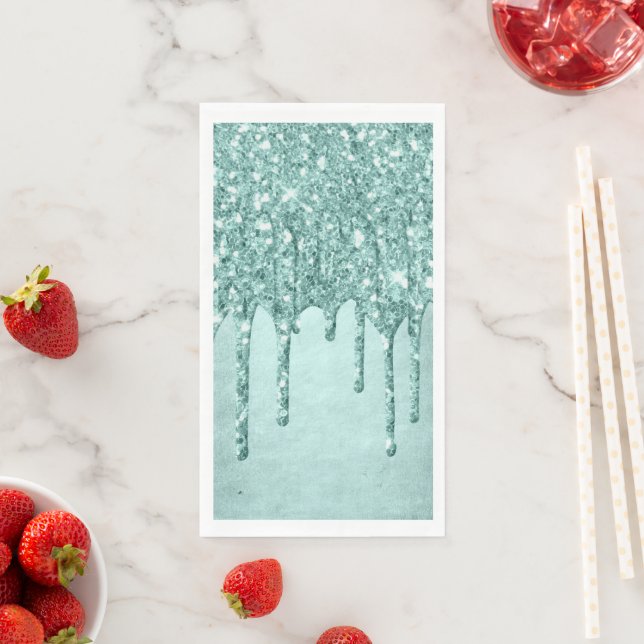 Dripping Mint Glitter | Aqua Teal Pour Quinceanera Napkin (Insitu)