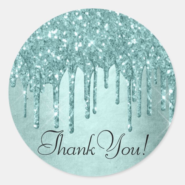 Dripping Mint Glitter | Aqua Teal Pour Thank You Classic Round Sticker (Front)