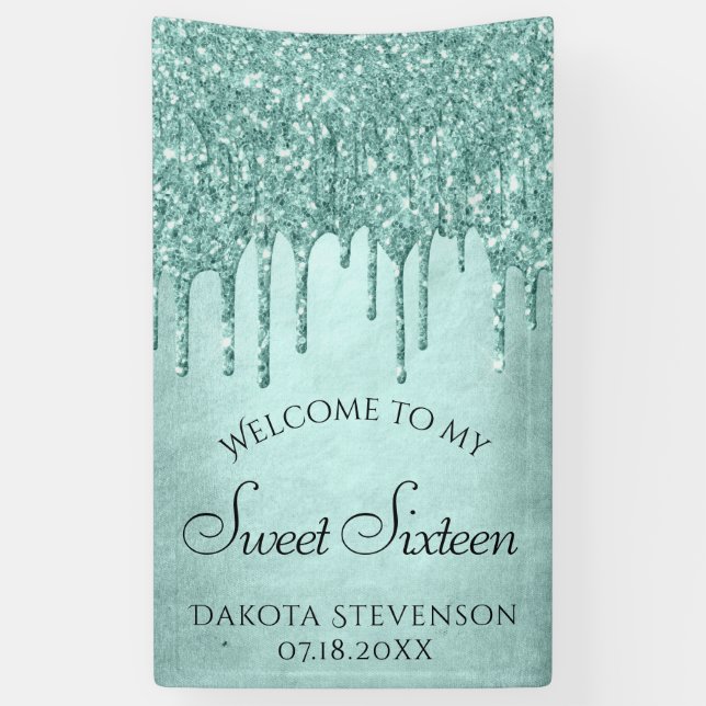 Dripping Mint Glitter | Aqua Teal Sweet Sixteen Banner (Vertical)