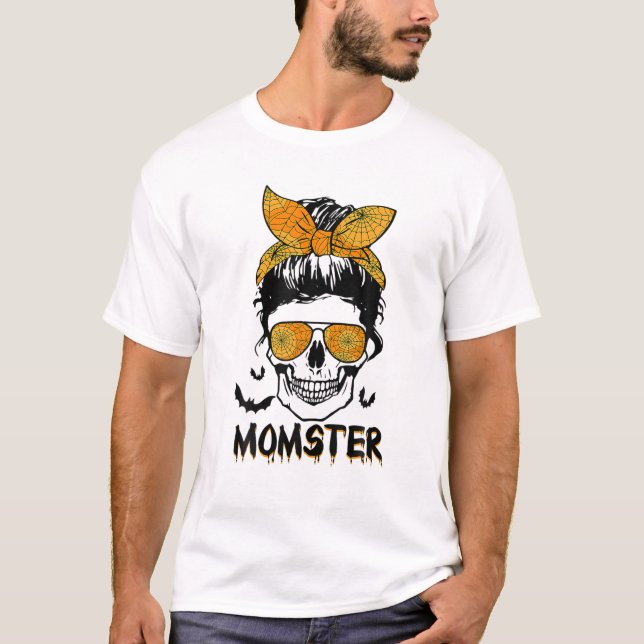Dripping Momster Funny Halloween Messy Bun Skull T-Shirt (Front)