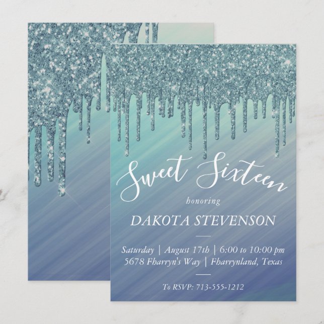 Dripping Ombre | Green and Blue Sparkle Sweet 16 Invitation (Front/Back)