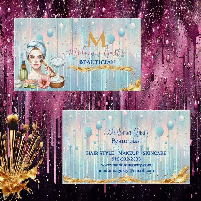 Dripping Pastel Blue Gold Monogram Beautician Chic Business Card (Dripping Pastel Blue Gold Monogram Beautician Chic Business Card)