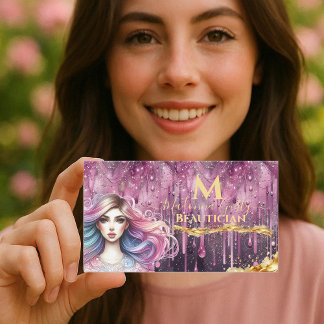 Dripping Pastel Magenta Gold Monogram Beautician  Business Card