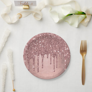 Dripping Peach Glitter   Terra Cotta Coral Orange Paper Plate
