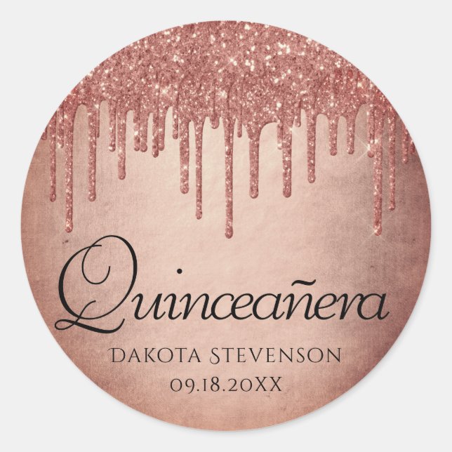 Dripping Peach Glitter | Terra Cotta Quinceanera Classic Round Sticker (Front)