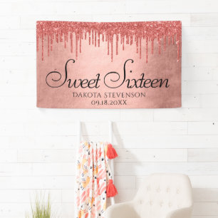 Dripping Peach Glitter   Terra Cotta Sweet Sixteen Banner