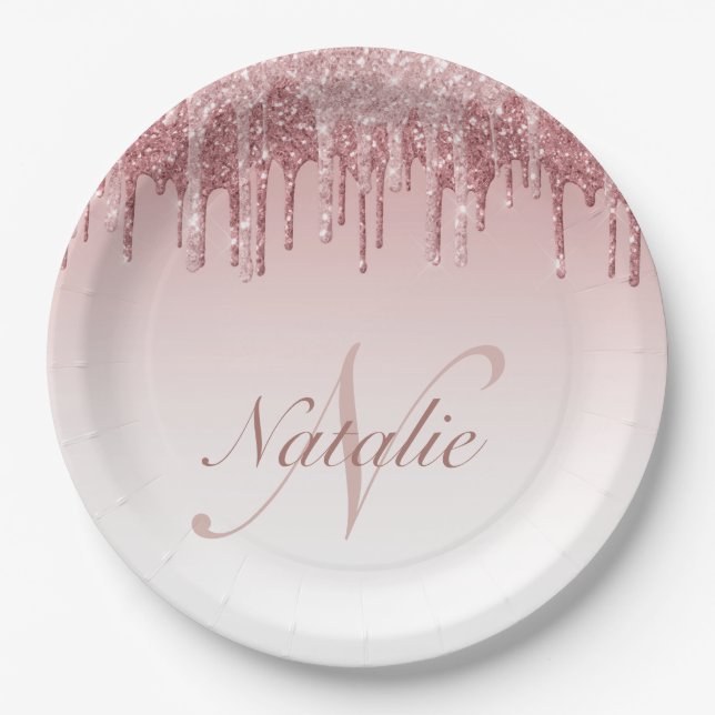 dripping pink and rose gold sparkling glitter paper plate (Front)