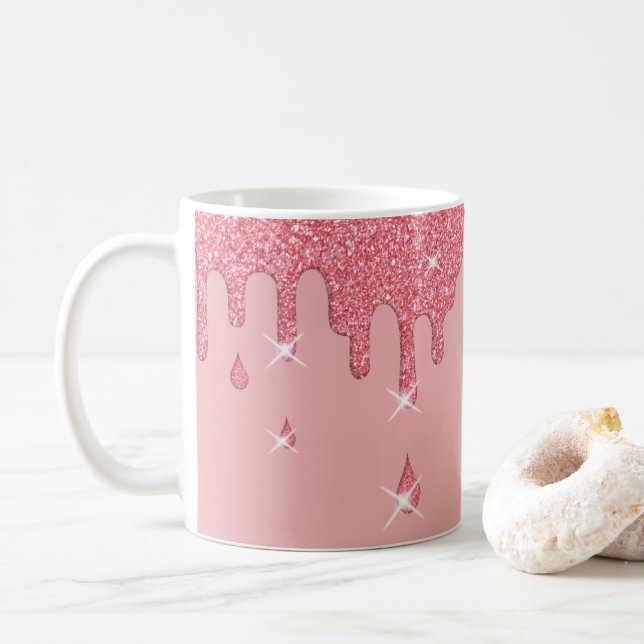 Dripping Pink Glitter Effect & Sparkles Coffee Mug (With Donut)