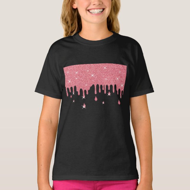 Dripping Pink Glitter Effect & Sparkles T-Shirt (Front)
