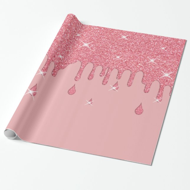 Dripping Pink Glitter Effect & Sparkles Wrapping Paper (Unrolled)