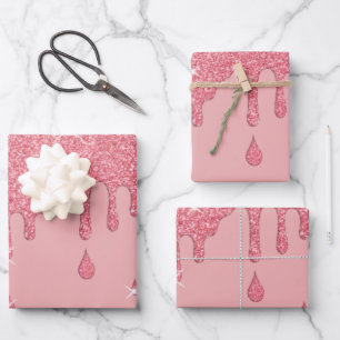Dripping Pink Glitter Effect & Sparkles Wrapping Paper Sheet