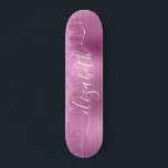 Dripping Pink Glitter Personalized Skateboard<br><div class="desc">Custom girly skateboard featuring pink faux glitter dripping against a pink faux metallic foil background. Personalize with your name in a stylish trendy white script with swashes.</div>