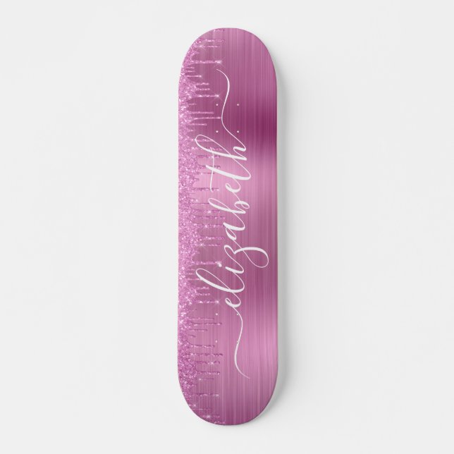 Dripping Pink Glitter Personalized Skateboard (Front)