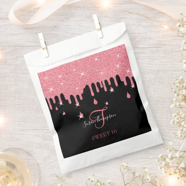 Dripping Pink Glitter Sparkles Girly Sweet 16 Favour Bag (Clipped)