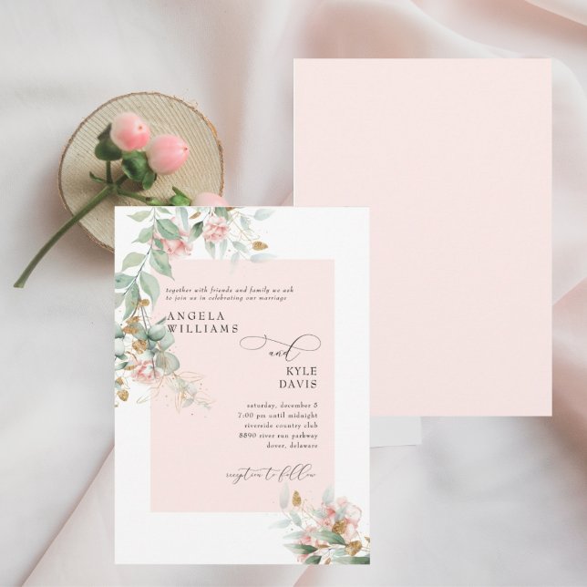Dripping Pink Rose Eucalyptus Wedding  Invitation (Creator Uploaded)