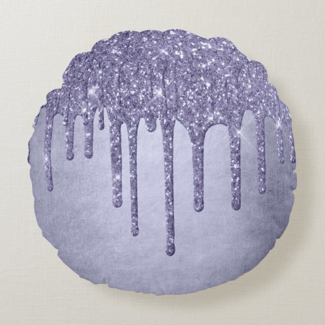 Dripping Purple Glitter | Chic Lavender Icing Pour Round Pillow (Front)