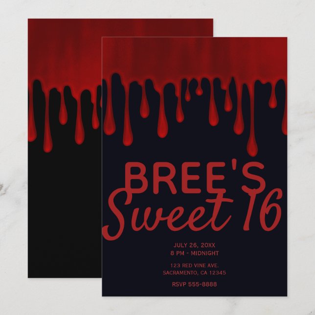 Dripping Red Satin Blood Drips Halloween Sweet 16  Invitation (Front/Back)