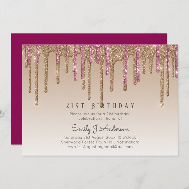Dripping Rose Gold Glitter 21st BIRTHDAY Pink Invitation (Front/Back)