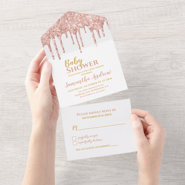 Dripping Rose Gold Glitter Baby Shower All In One Invitation (Tearaway)